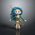 3D Model Adventurous Cartoon Character With Blue Hair Big Eyes Green Coat And Staff