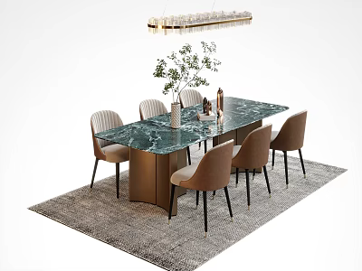 Modern Dining Table Set With Green Marble Top Six Light Brown Chairs And Hanging Chandelier 3d model