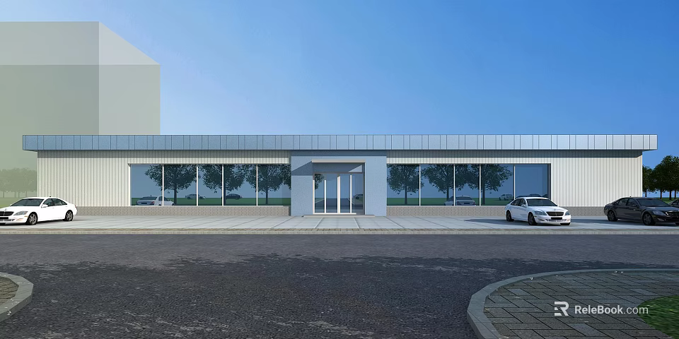 Modern Commercial Building Exterior With Glass Windows Entrance White Car Trees And Blue Sky 3d model 