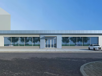 Modern Commercial Building Exterior With Glass Windows Entrance White Car Trees And Blue Sky 3d model