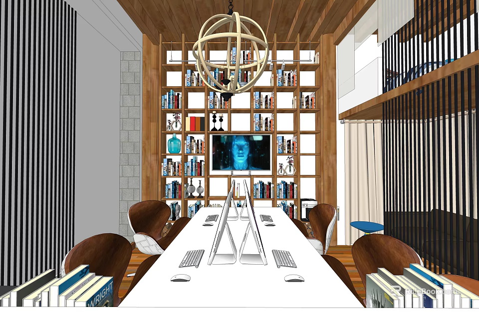 Modern Public Office Space Interior With Long Table Bookshelves And Hanging Chandelier 3d model 