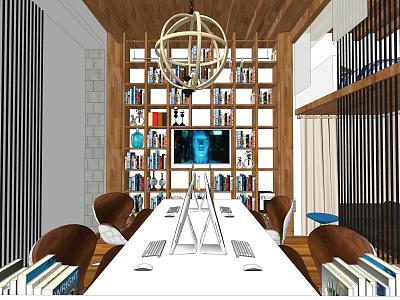 Modern Public Office Space Interior With Long Table Bookshelves And Hanging Chandelier 3d model