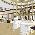 Luxurious Sales Office Interior With Round Bar Gold Chandelier Arched Windows And Chairs
