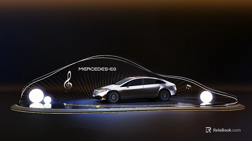 Mercedes Benz Silver Electric Sedan Display With Wavy Lines Musical Notes And Glowing Spheres 3d model 