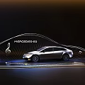 Mercedes Benz Silver Electric Sedan Display With Wavy Lines Musical Notes And Glowing Spheres