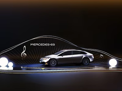 Mercedes Benz Silver Electric Sedan Display With Wavy Lines Musical Notes And Glowing Spheres 3d model