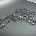 Essential Hardware Tools Including Bolts Nuts Washers Gears And Connectors On Gray Background