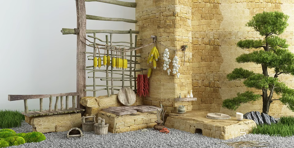 Courtyard Garden With Stone Wall Wooden Frame Hanging Bananas Garlic Chilies And Stone Bench 3d model 