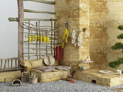 Courtyard Garden With Stone Wall Wooden Frame Hanging Bananas Garlic Chilies And Stone Bench 3d model