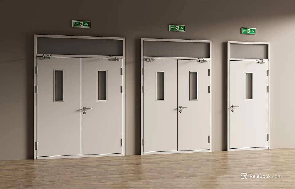 White Double Doors With Small Windows Emergency Exit Signs Gray Walls And Wooden Floors 3d model 