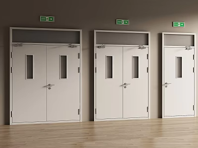 White Double Doors With Small Windows Emergency Exit Signs Gray Walls And Wooden Floors 3d model