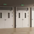 White Double Doors With Small Windows Emergency Exit Signs Gray Walls And Wooden Floors