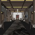 Chinese Style Hotel Public Lounge Interior With Wooden Ceiling Lattice Partitions And Chandelier