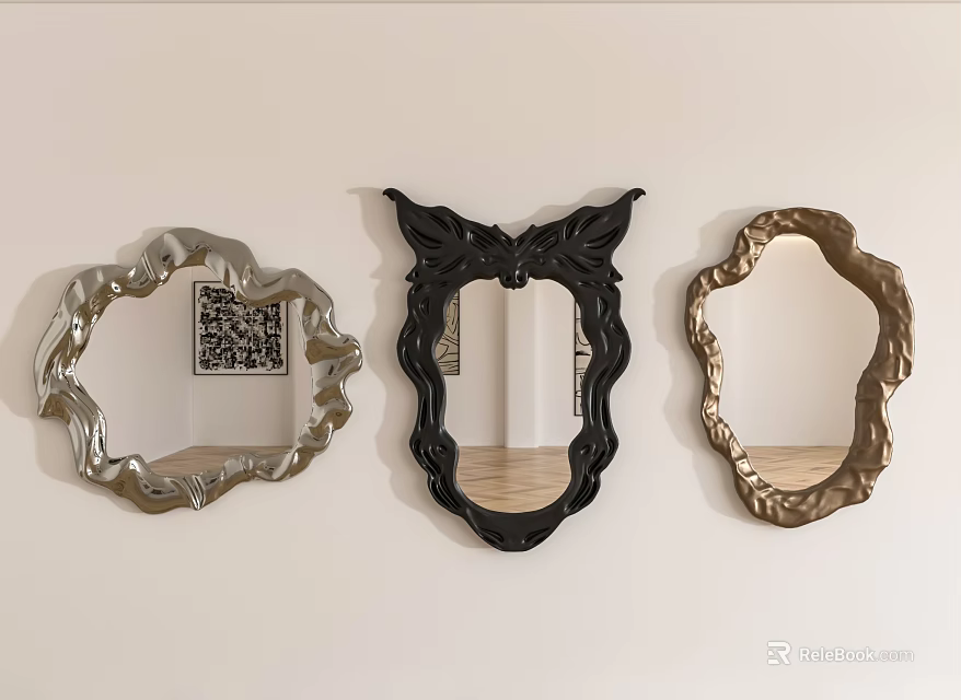 Three Differently Designed Mirrors With Silver Black Gold Frames Hanging On White Wall 3d model 