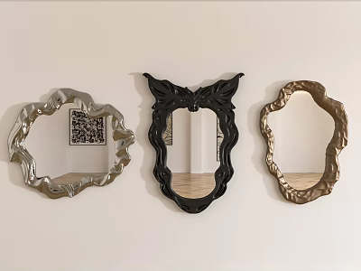 Three Differently Designed Mirrors With Silver Black Gold Frames Hanging On White Wall 3d model