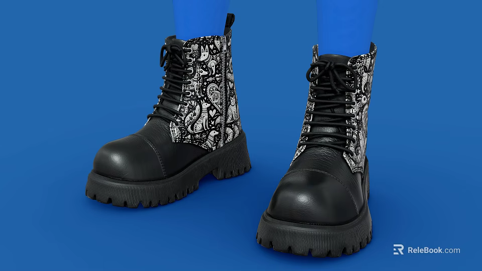 Black Lace Up Boots With Snake Print Design And Chunky Platform Sole 3d model 