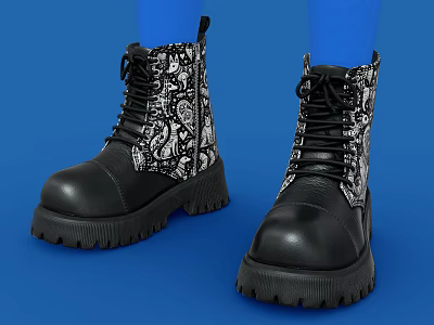 Black Lace Up Boots With Snake Print Design And Chunky Platform Sole 3d model