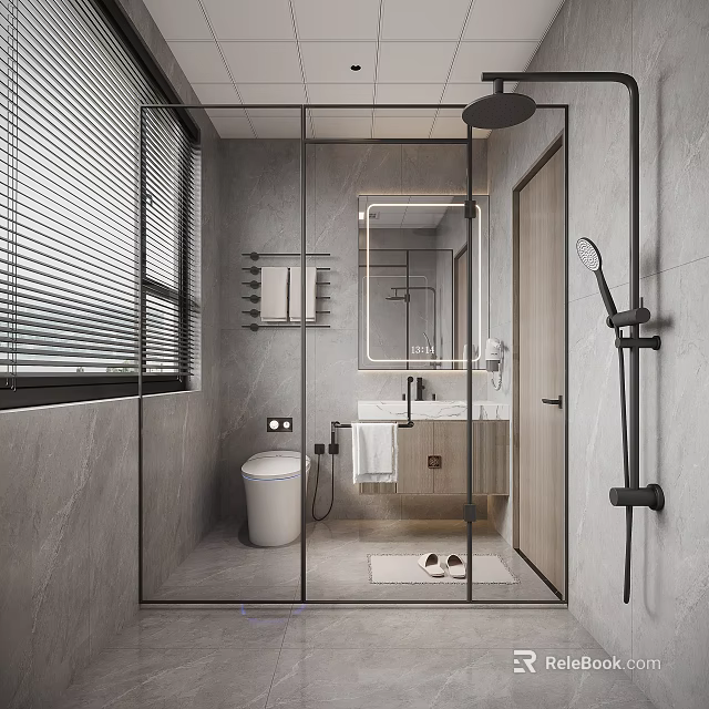 Modern Bathroom Interior With Glass Shower Enclosure Smart Toilet Marble Walls Wooden Vanity And Mirror 3d model 