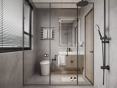 Modern Bathroom Interior With Glass Shower Enclosure Smart Toilet Marble Walls Wooden Vanity And Mirror 3d model