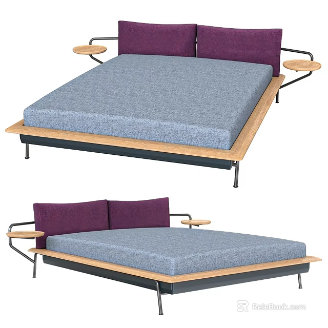 Contemporary Double Bed Design Featuring Purple Headboard Blue Mattress Wooden Frame And Side Tables 3d model 