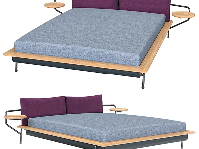 Contemporary Double Bed Design Featuring Purple Headboard Blue Mattress Wooden Frame And Side Tables 3d model