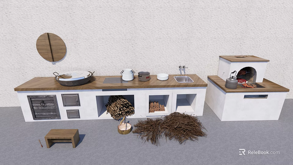 Rustic Kitchen Cabinets With Wooden Countertop Sink Oven And Decorative Hay 3d model 