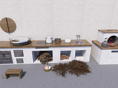 Rustic Kitchen Cabinets With Wooden Countertop Sink Oven And Decorative Hay 3d model