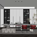 Modern Tea Room Interior Design With Marble Table Red Chairs And Tea Sets 3d model