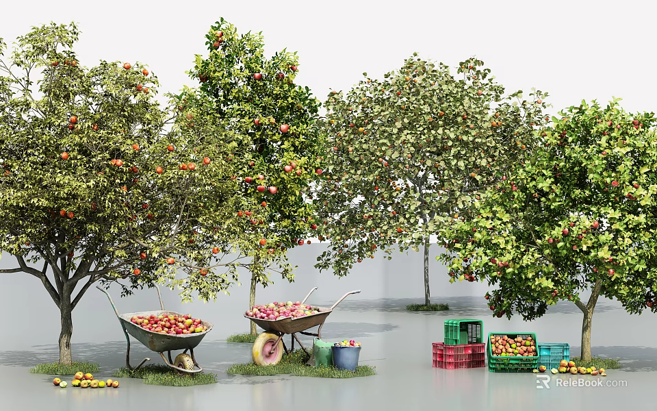 Lush Fruit Trees Bearing Ripe Fruits With Wheelbarrows And Crates Full Of Harvest 3d model 