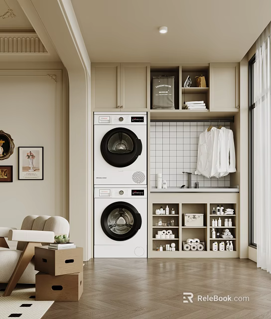Home Balcony Laundry Space With Stacked Washer Dryer Storage Cabinets And Hanging Area 3d model 
