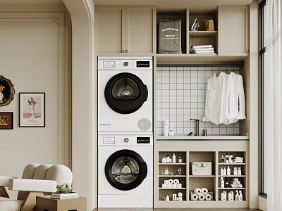 Home Balcony Laundry Space With Stacked Washer Dryer Storage Cabinets And Hanging Area 3d model