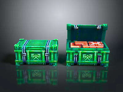 Green Storage Chests Featuring Closed And Open Designs With Red Items Inside 3d model