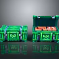 Green Storage Chests Featuring Closed And Open Designs With Red Items Inside