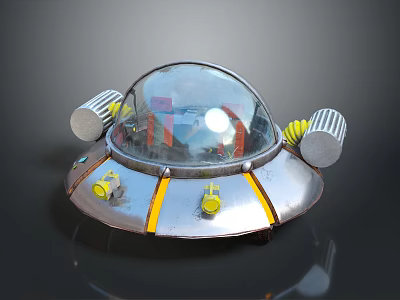 Alien Creature Inside Futuristic Silver UFO With Transparent Dome And Yellow Circular Parts 3d model