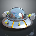 Alien Creature Inside Futuristic Silver UFO With Transparent Dome And Yellow Circular Parts