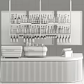 Reception Counter with Wine Bottles on Shelves Menu Boards Coffee Machine and Cash Register