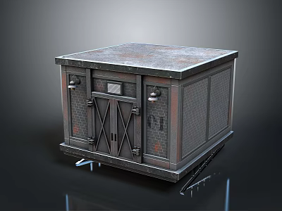 Industrial Metal Structure With Rustic Roof Crossed Door Riveted Panels And Wheels 3d model