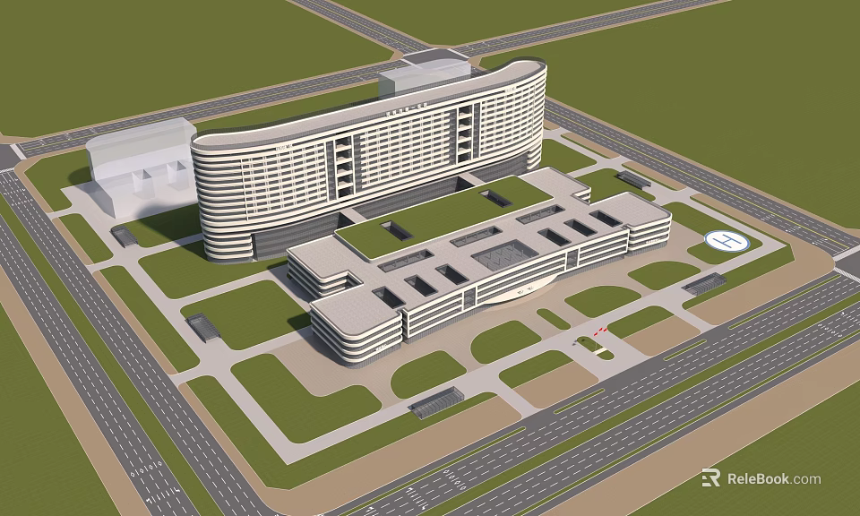 Modern Hospital Building Featuring Contemporary Architecture Green Spaces And Surrounding Roads 3d model 