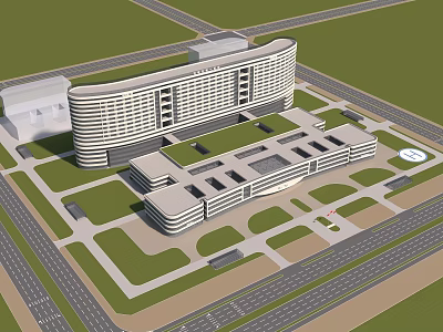 Modern Hospital Building Featuring Contemporary Architecture Green Spaces And Surrounding Roads 3d model