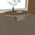 Round Wooden Coffee Table with Plant Vase Book on Carpet by Wooden Wall and Blinds