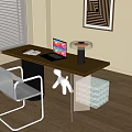 Modern Dark Wood Desk With Laptop Table Lamp Chair And Transparent Cube Storage