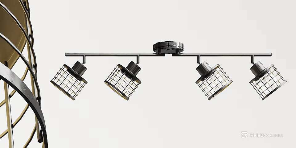 Industrial Style Track Ceiling Light With Three Black Metal Cage Shades Design 3d model 