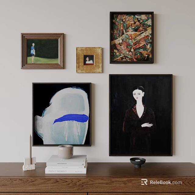 Stylish Interior With Diverse Wall Artworks Including Portrait Abstract And Decorative Table Objects 3d model