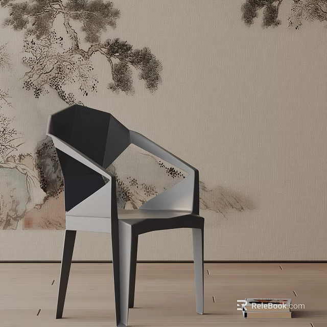 Modern Geometric Design Dining Chair Against Chinese Ink Painting Wall Interior 3d model 