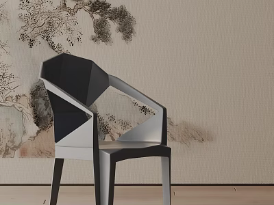 Modern Geometric Design Dining Chair Against Chinese Ink Painting Wall Interior 3d model
