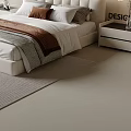 Double Bed with White Upholstered Headboard in Modern Minimalist Bedroom with Nightstands and Pendant Lights