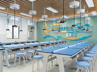 Modern Laboratory With Blue Tables Light Blue Stools And Lights 3d model
