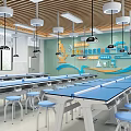 Modern Laboratory With Blue Tables Light Blue Stools And Lights 3d model
