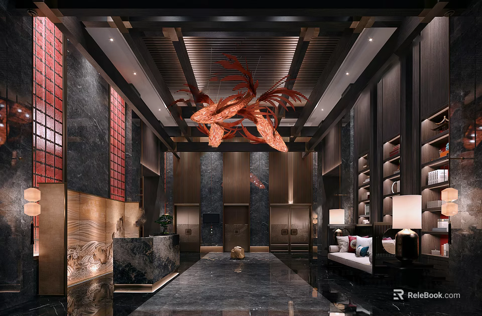 Elegant Luxury Hotel Reception Area With Red Dragon Chandelier Dark Wooden Walls And Marble Floor 3d model 