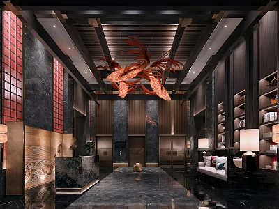 Elegant Luxury Hotel Reception Area With Red Dragon Chandelier Dark Wooden Walls And Marble Floor 3d model